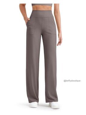 Ribbed Knit Wide Leg Yoga Pants with Pockets High Rise Pull On